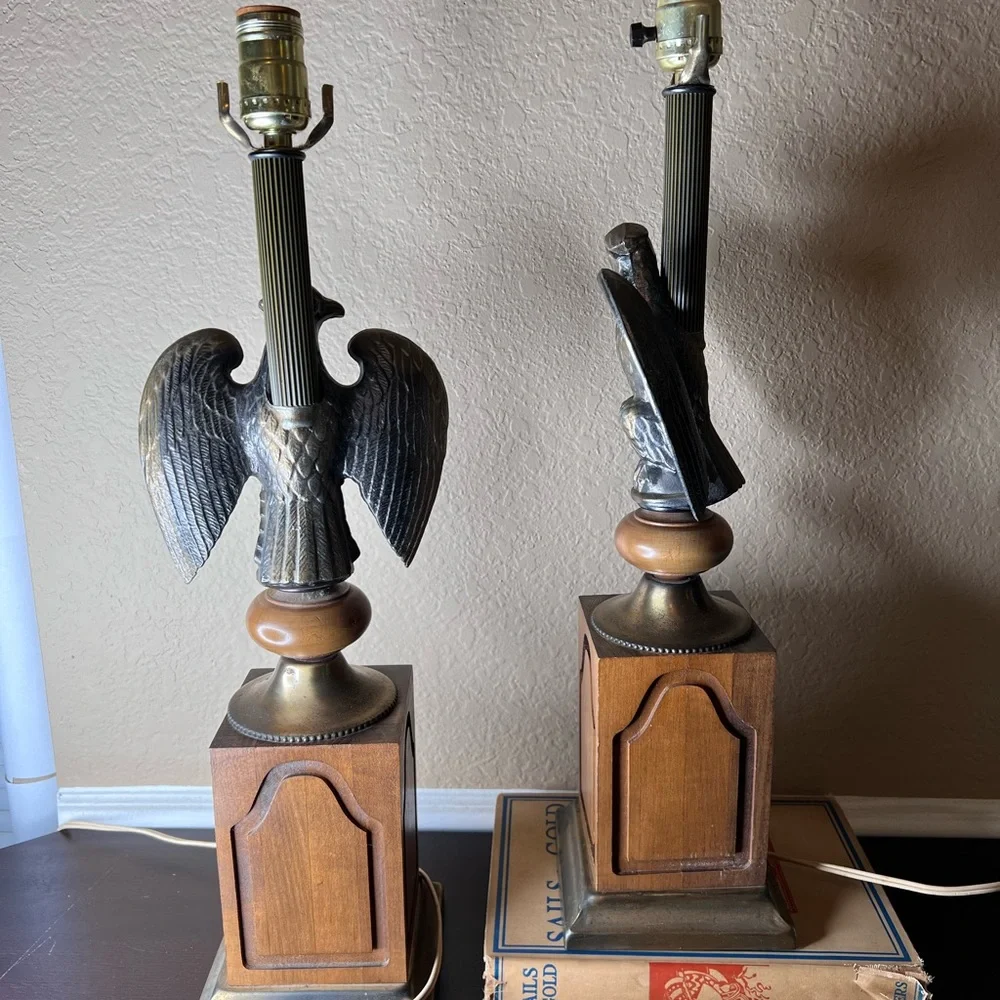 Vintage 1970’s Federal Style Pair American Eagle Lamps, Solid Wood, Brass, Ameri